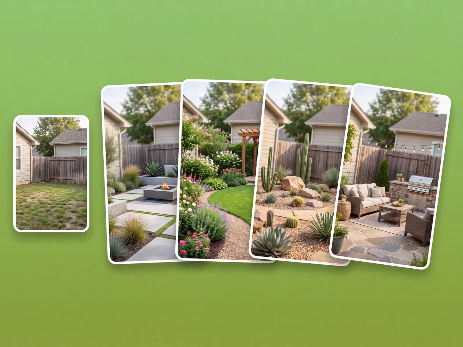 One plain backyard photo generating several redesigned versions of the same yard