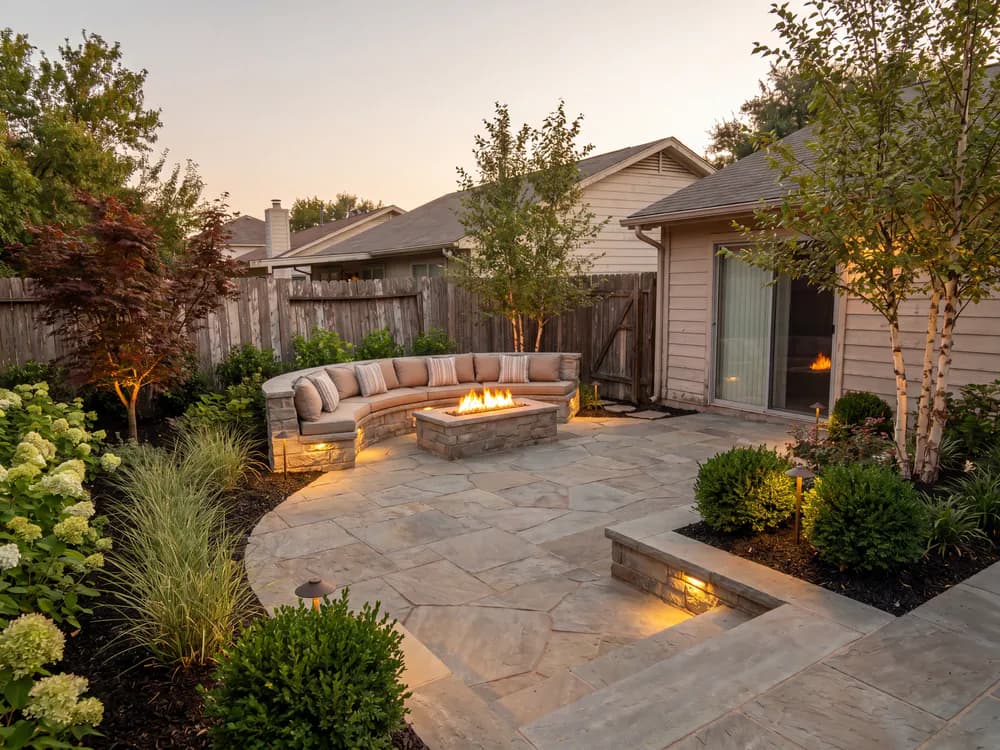 A backyard landscape design generated by OutdoorBrite from the owner's photo