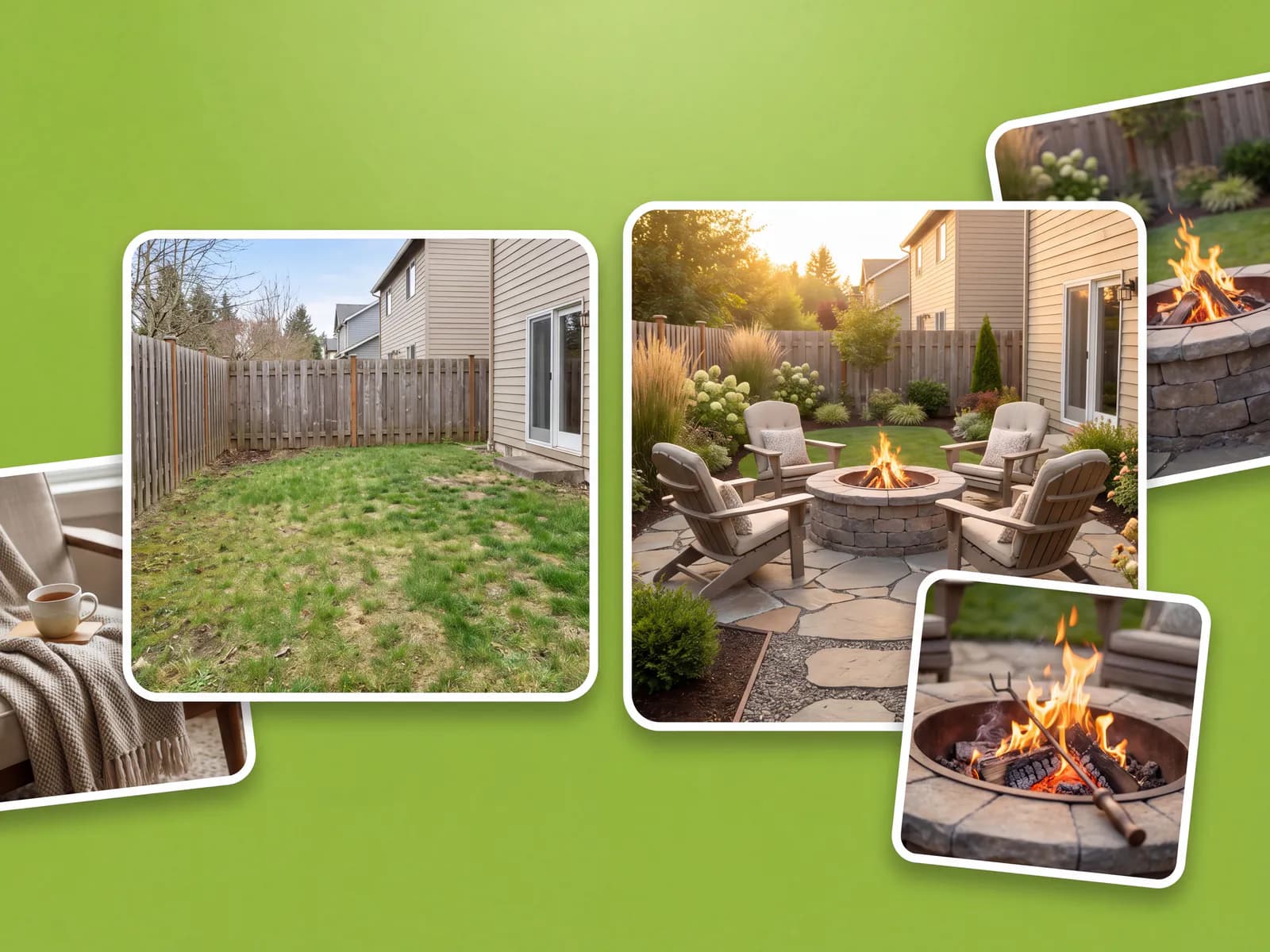 Fire pit materials and seating shown on one yard photo