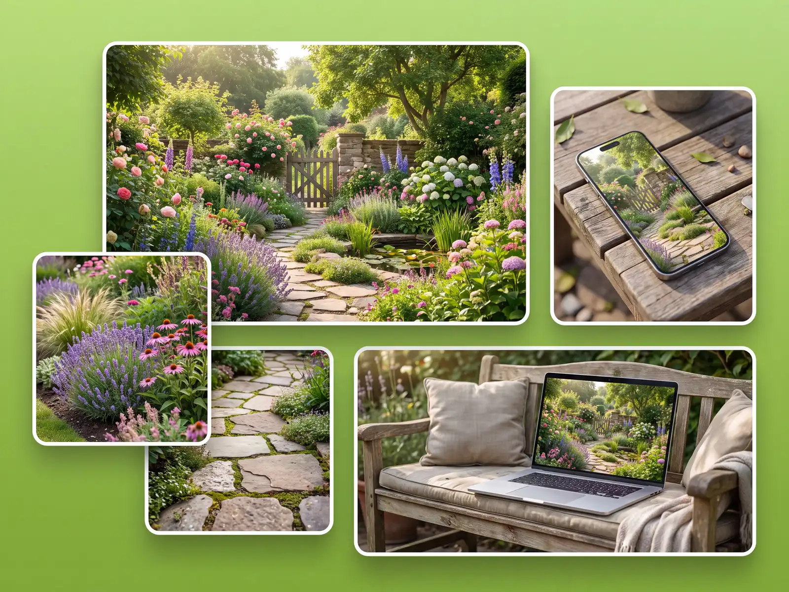 Garden redesign concepts shown in the browser on a phone and laptop