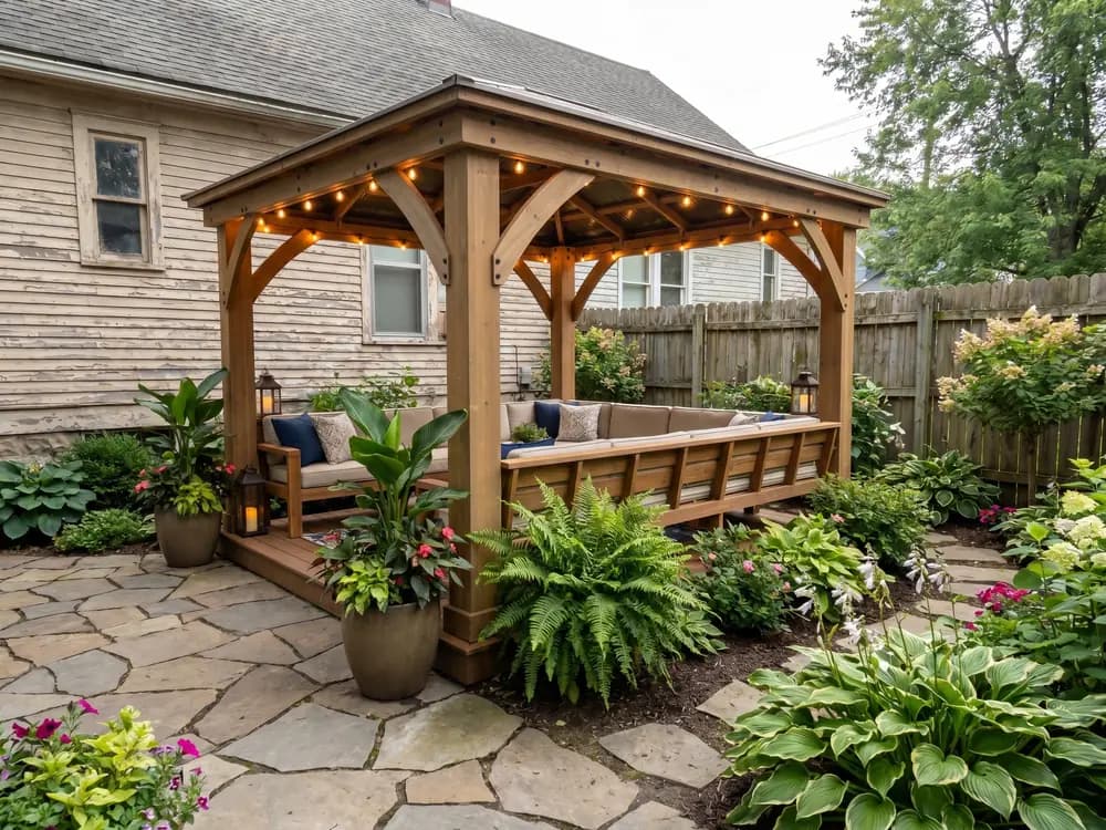 A backyard landscape design generated by OutdoorBrite from the owner's photo