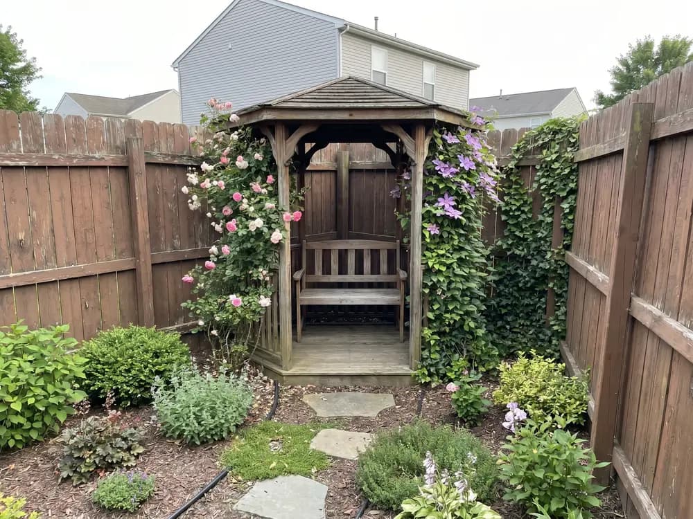 A backyard landscape design generated by OutdoorBrite from the owner's photo