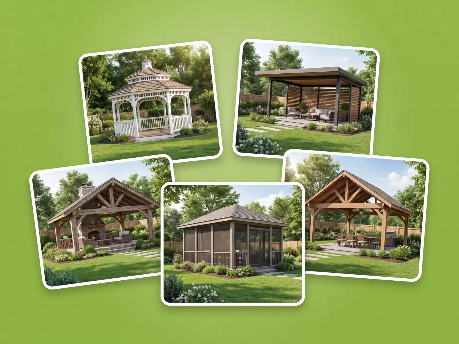 Gazebo shapes and roofs compared on a real yard photo