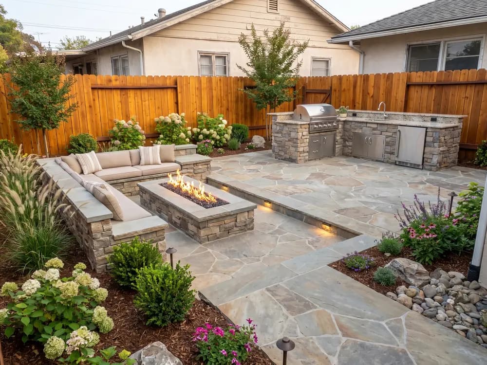 A backyard landscape design generated by OutdoorBrite from the owner's photo