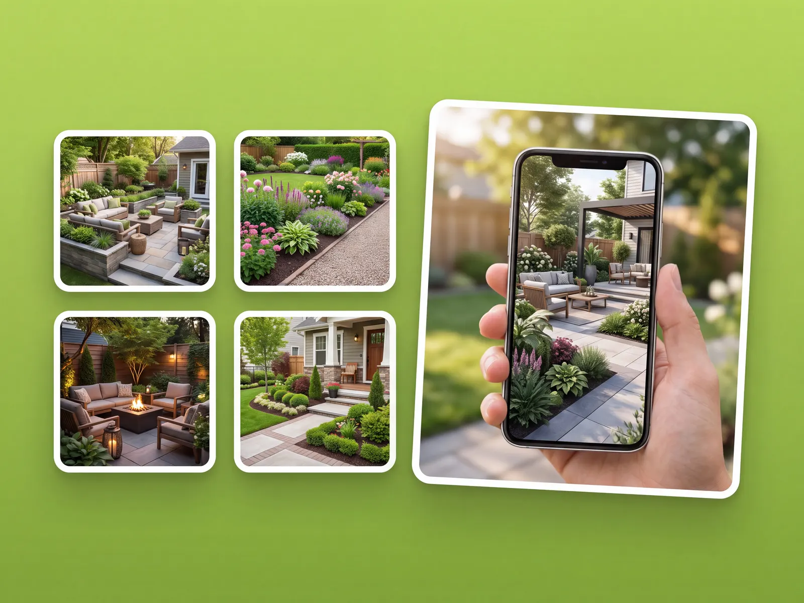 A grid of saved outdoor design concepts and variations for one space