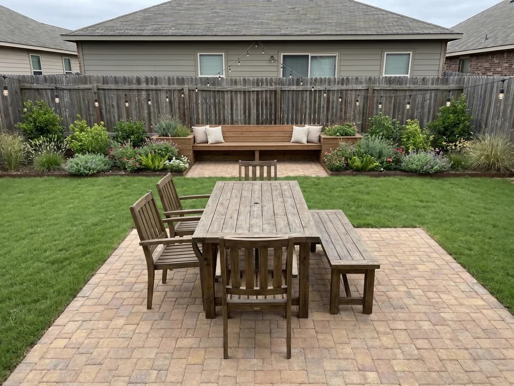 A backyard landscape design generated by OutdoorBrite from the owner's photo