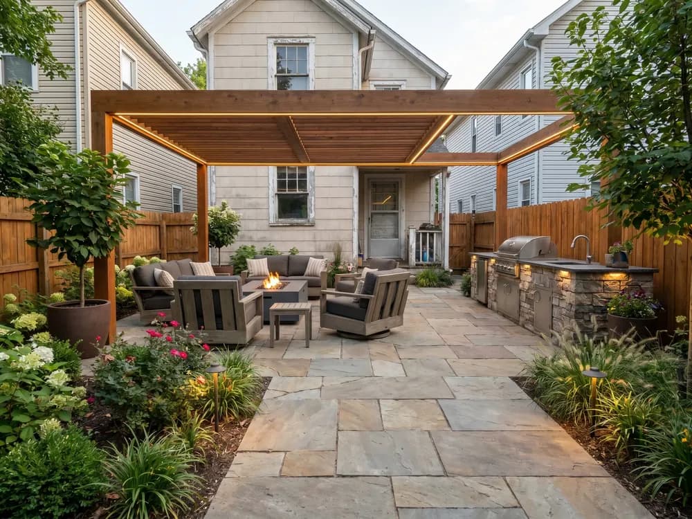 A backyard landscape design generated by OutdoorBrite from the owner's photo