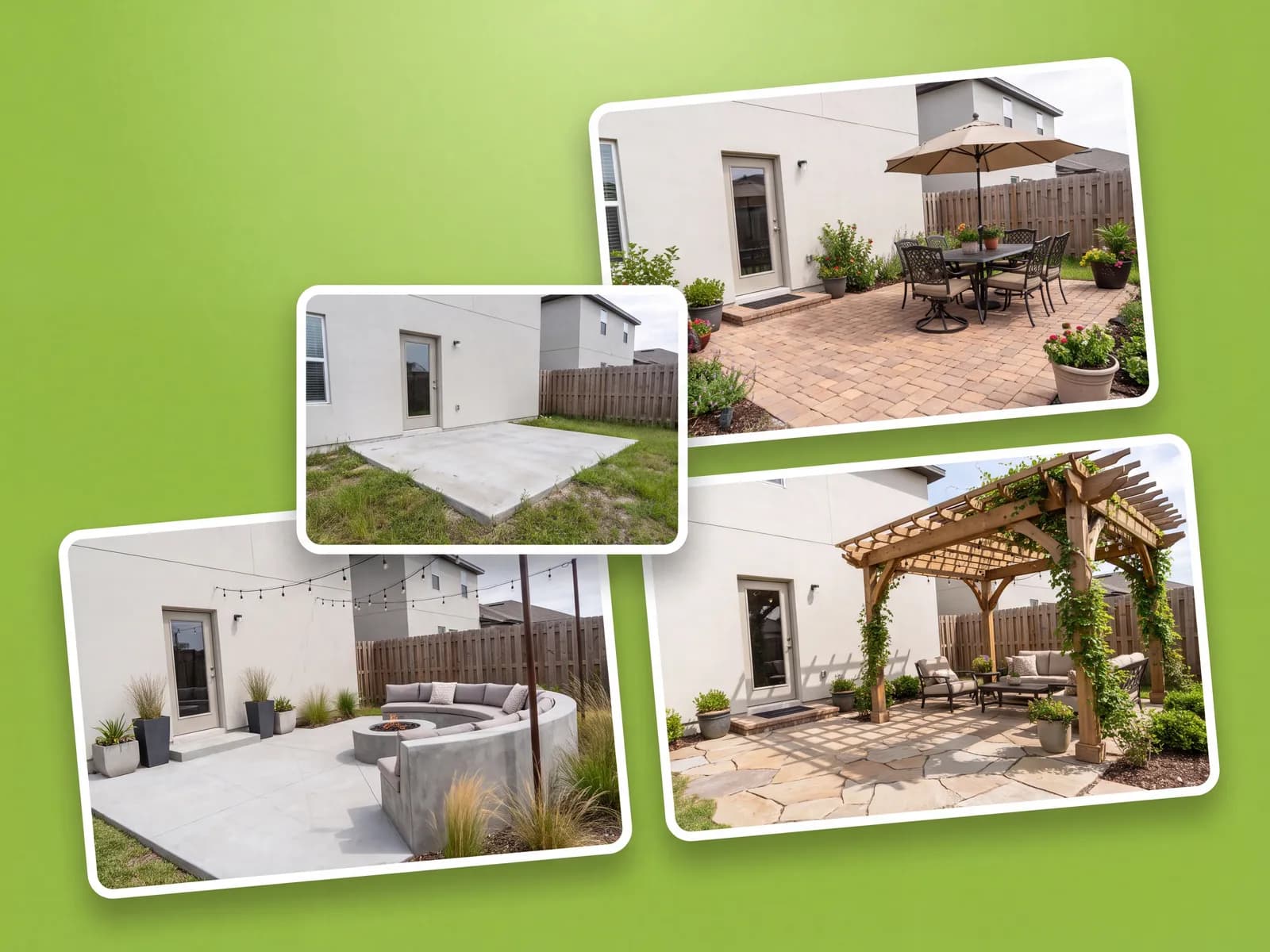 A bare patio slab shown finished in brick pavers, natural stone, and poured concrete