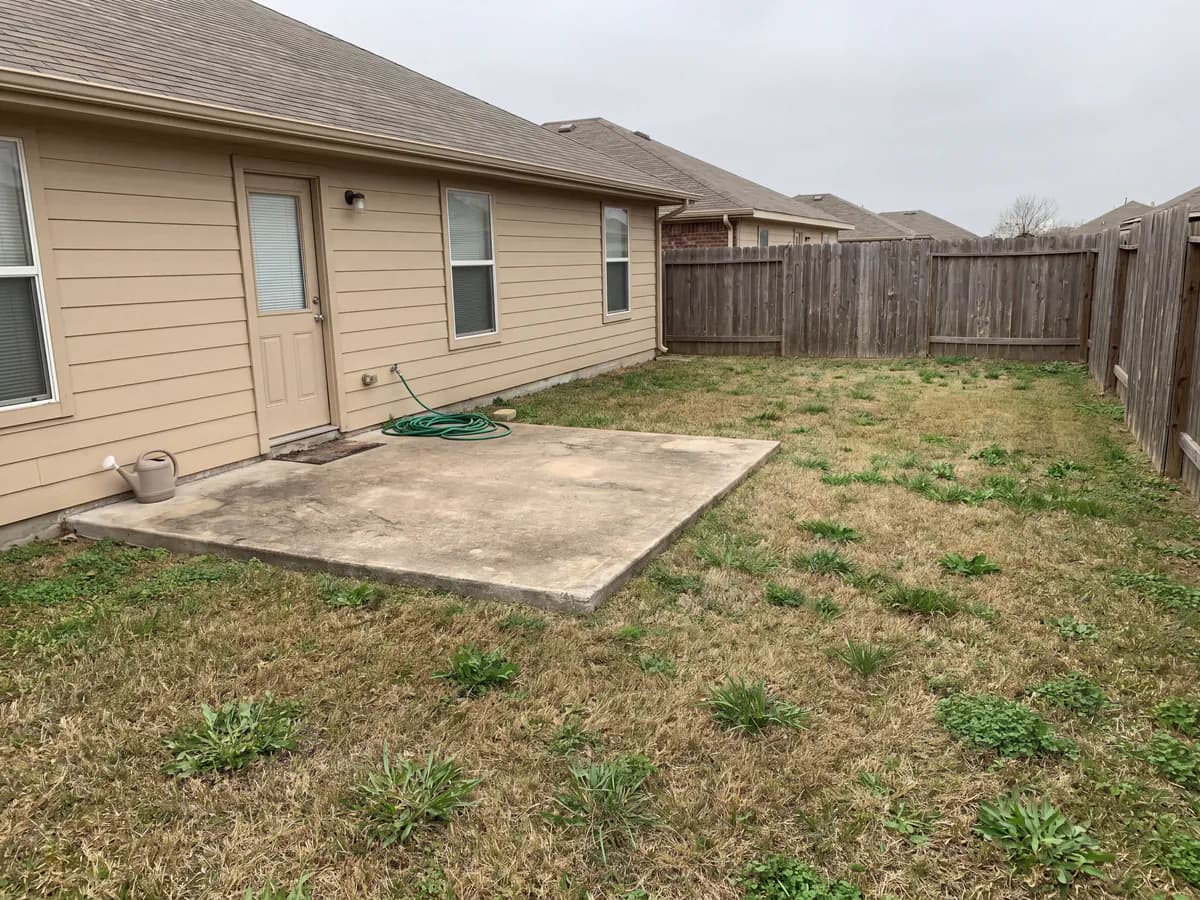 Patio designer before and after: a bare patio photo redesigned with new pavers and a fresh layout.