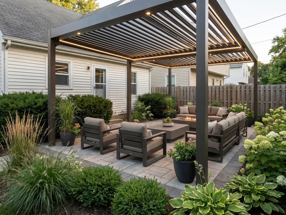 A backyard landscape design generated by OutdoorBrite from the owner's photo