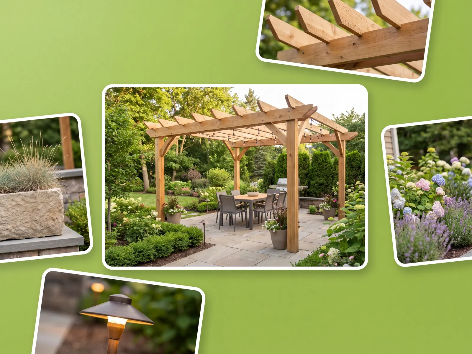 Pergola materials shown on one patio photo