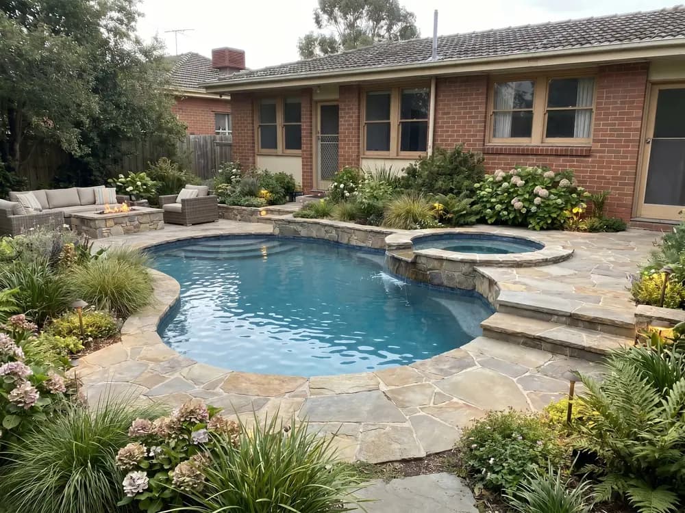 A backyard landscape design generated by OutdoorBrite from the owner's photo