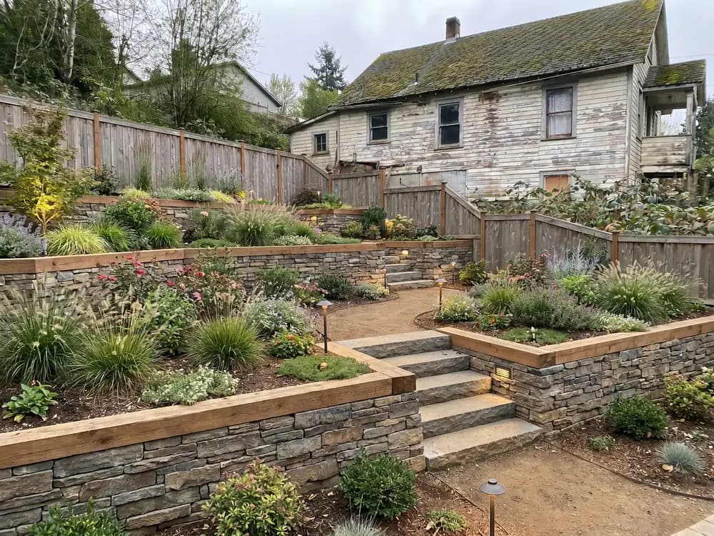 A backyard landscape design generated by OutdoorBrite from the owner's photo