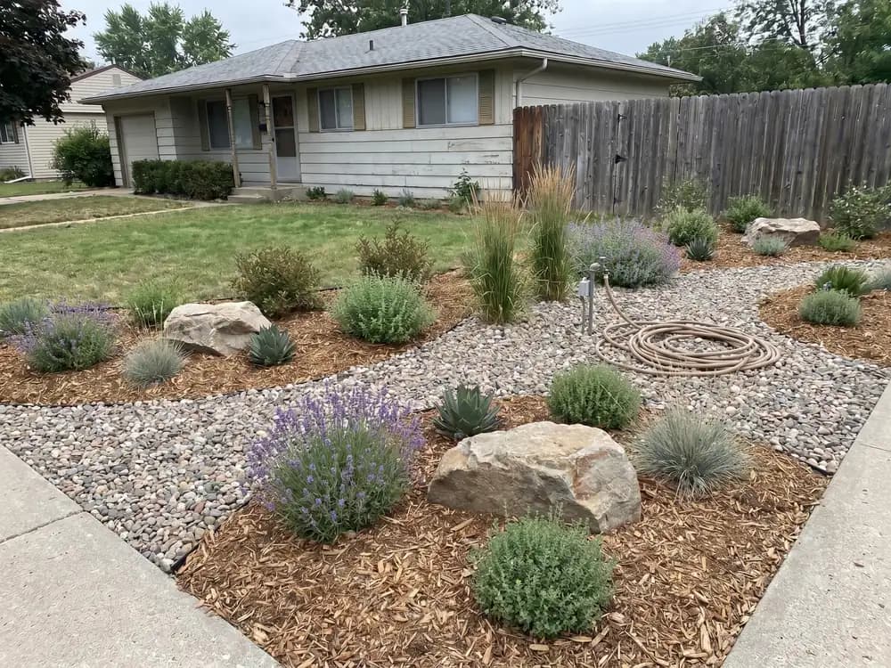 A backyard landscape design generated by OutdoorBrite from the owner's photo