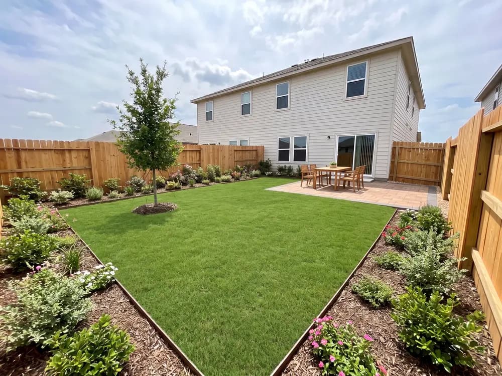 A backyard landscape design generated by OutdoorBrite from the owner's photo