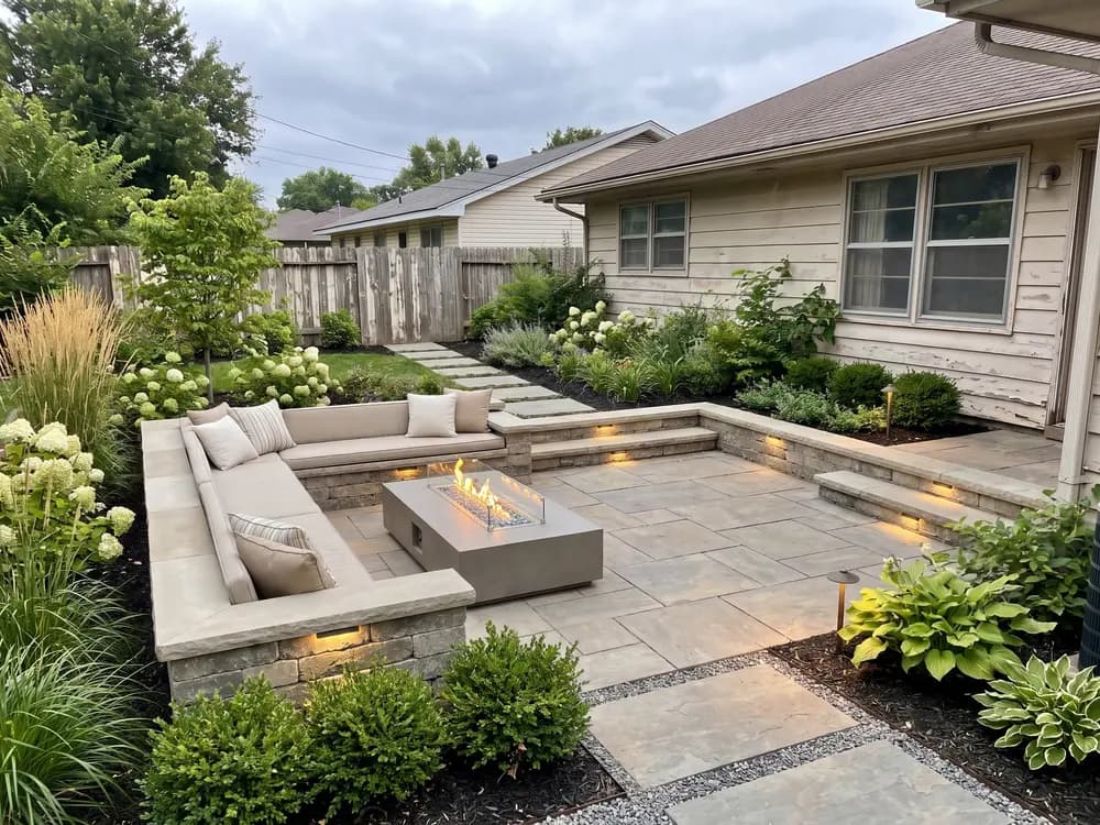A backyard landscape design generated by OutdoorBrite from the owner's photo