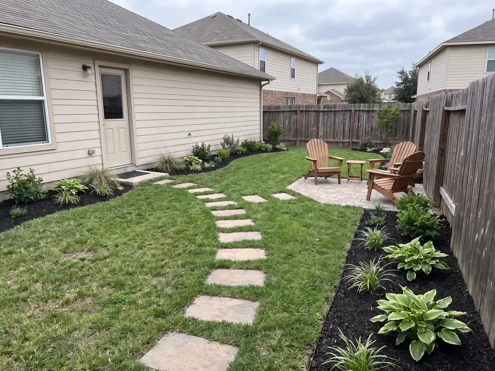 A backyard landscape design generated by OutdoorBrite from the owner's photo