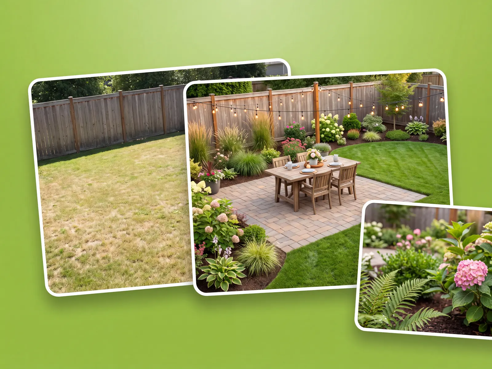 Realistic backyard redesign that keeps the original fence and house