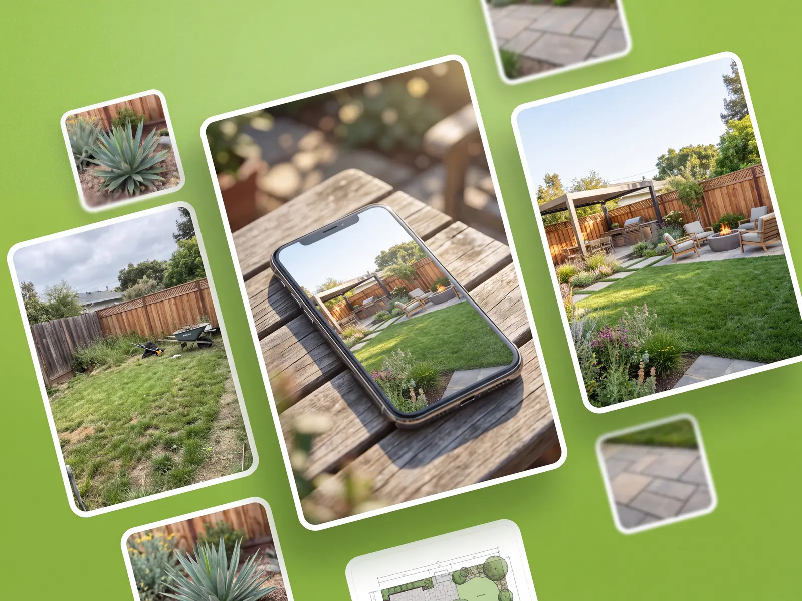 A backyard redesign generated in the browser on a phone, no app install