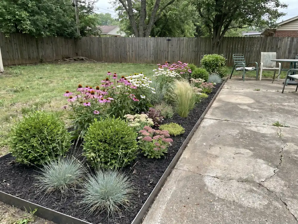 A backyard landscape design generated by OutdoorBrite from the owner's photo