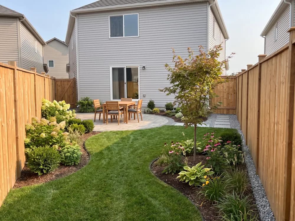 A backyard landscape design generated by OutdoorBrite from the owner's photo