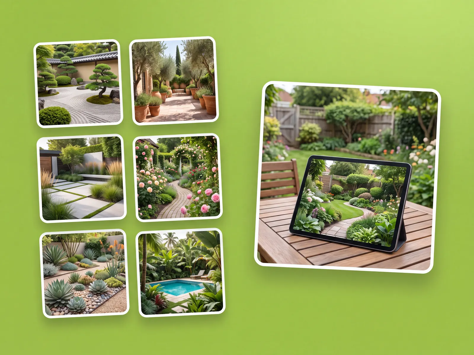 A grid of saved garden design concepts and variations for one garden