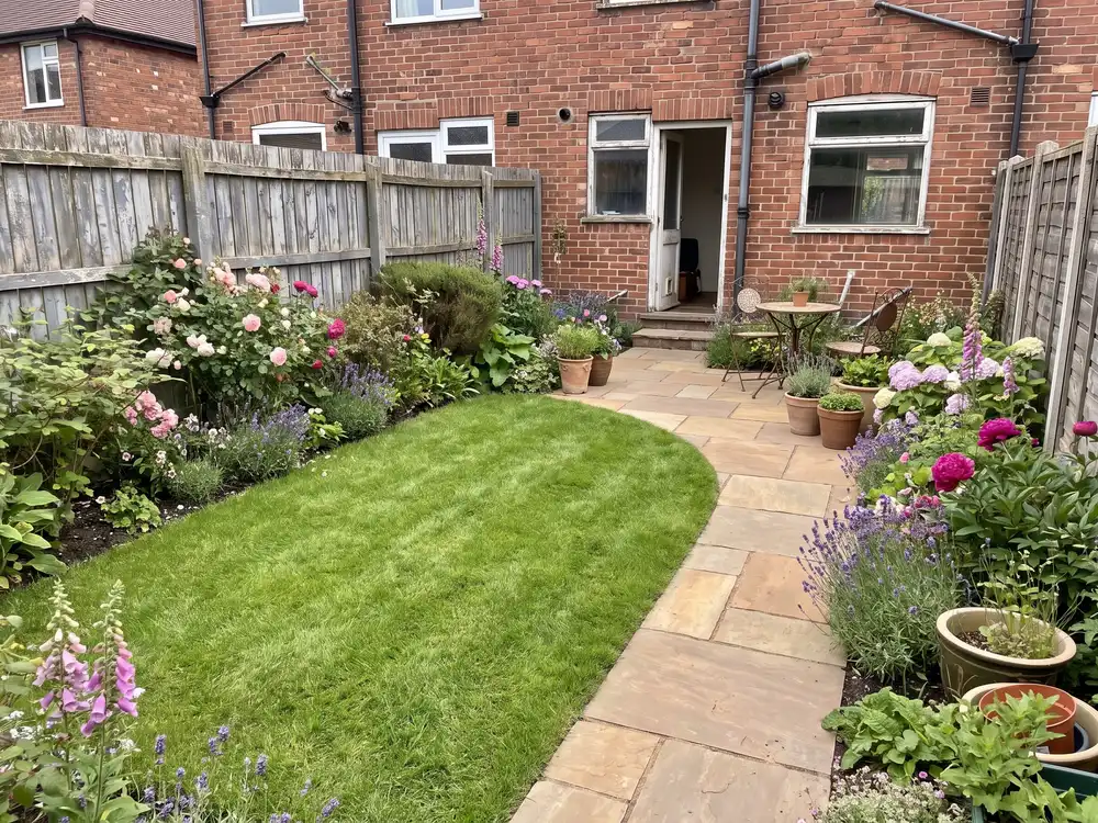A backyard landscape design generated by OutdoorBrite from the owner's photo