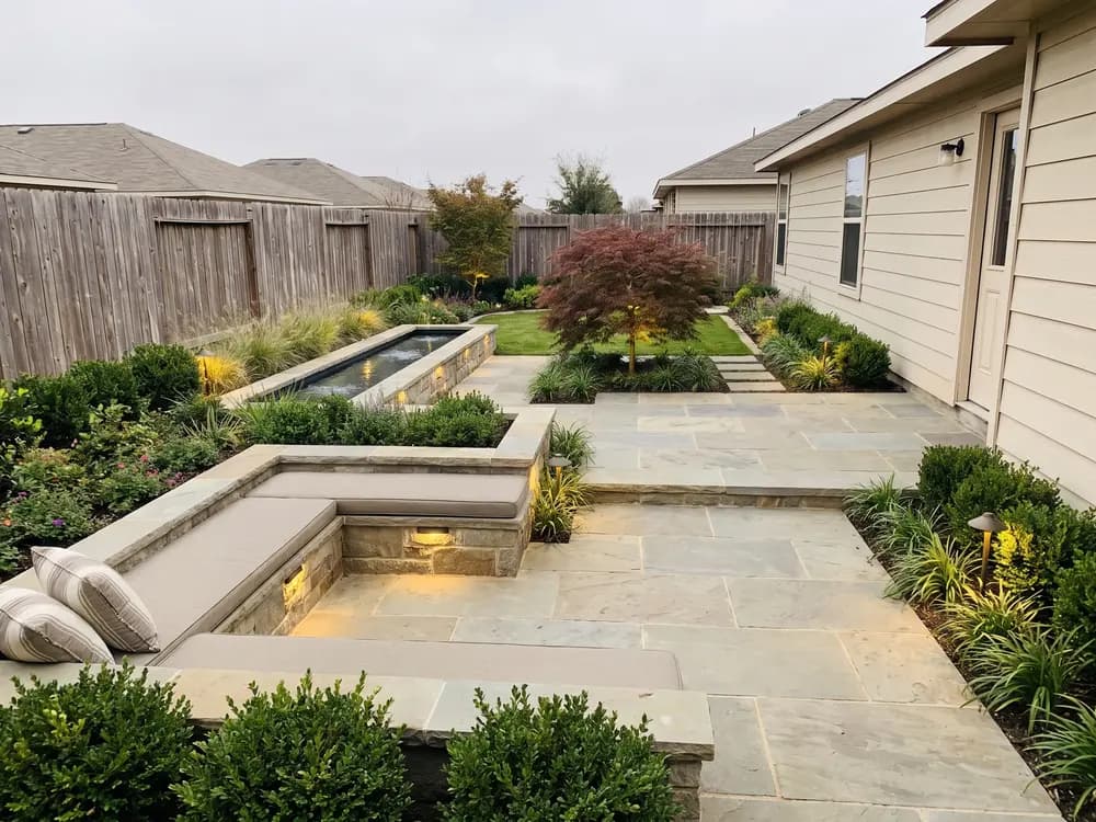 A backyard landscape design generated by OutdoorBrite from the owner's photo