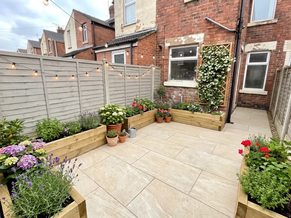 A backyard landscape design generated by OutdoorBrite from the owner's photo