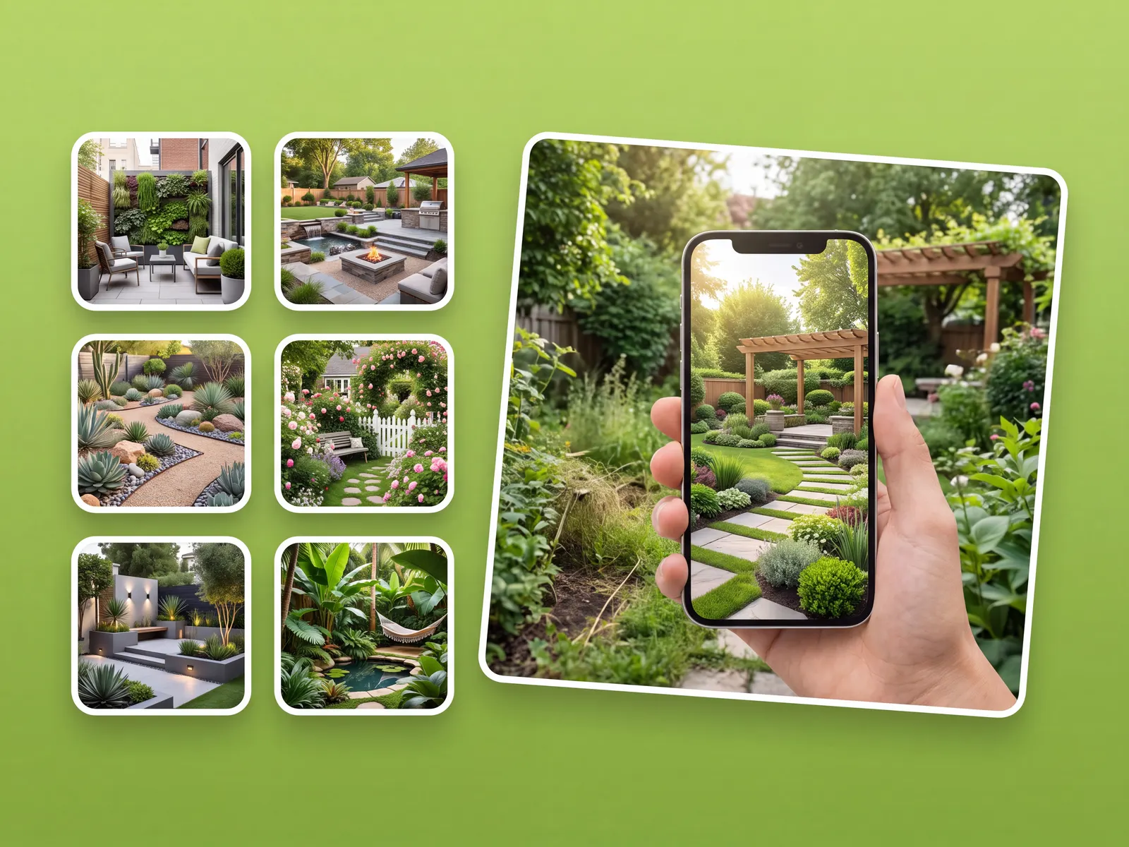 A grid of saved garden makeover concepts and variations for one garden