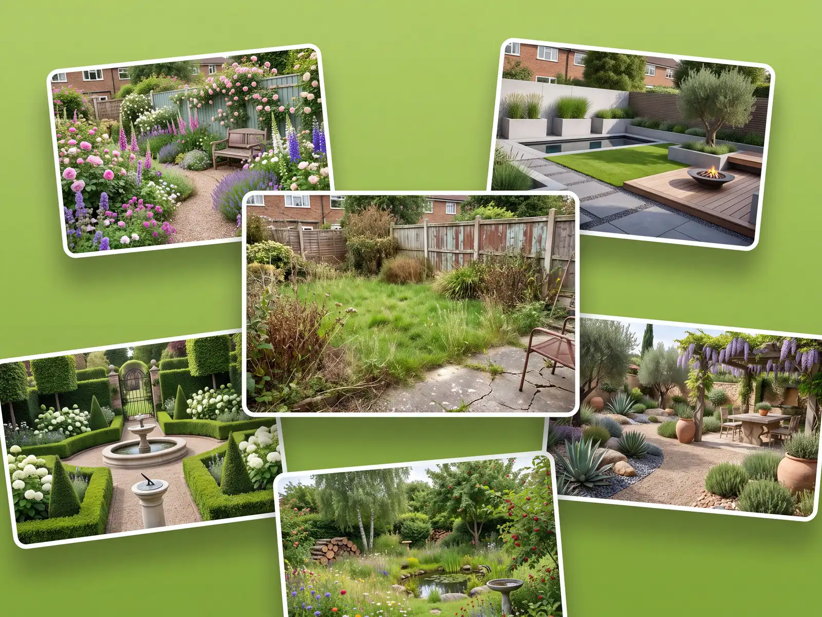 Garden styles compared side by side on one real garden photo