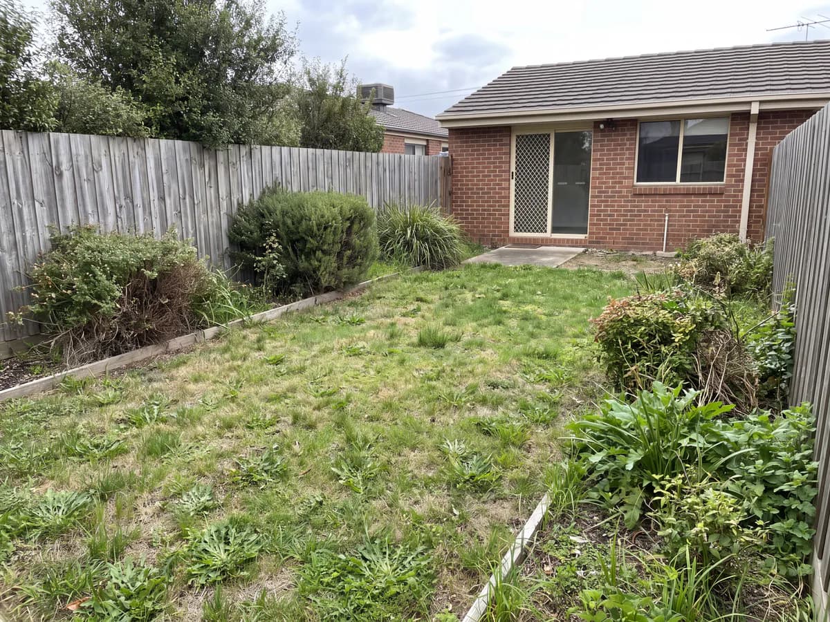 Garden makeover app before and after: an overgrown garden redesigned into a tidy, planted space.