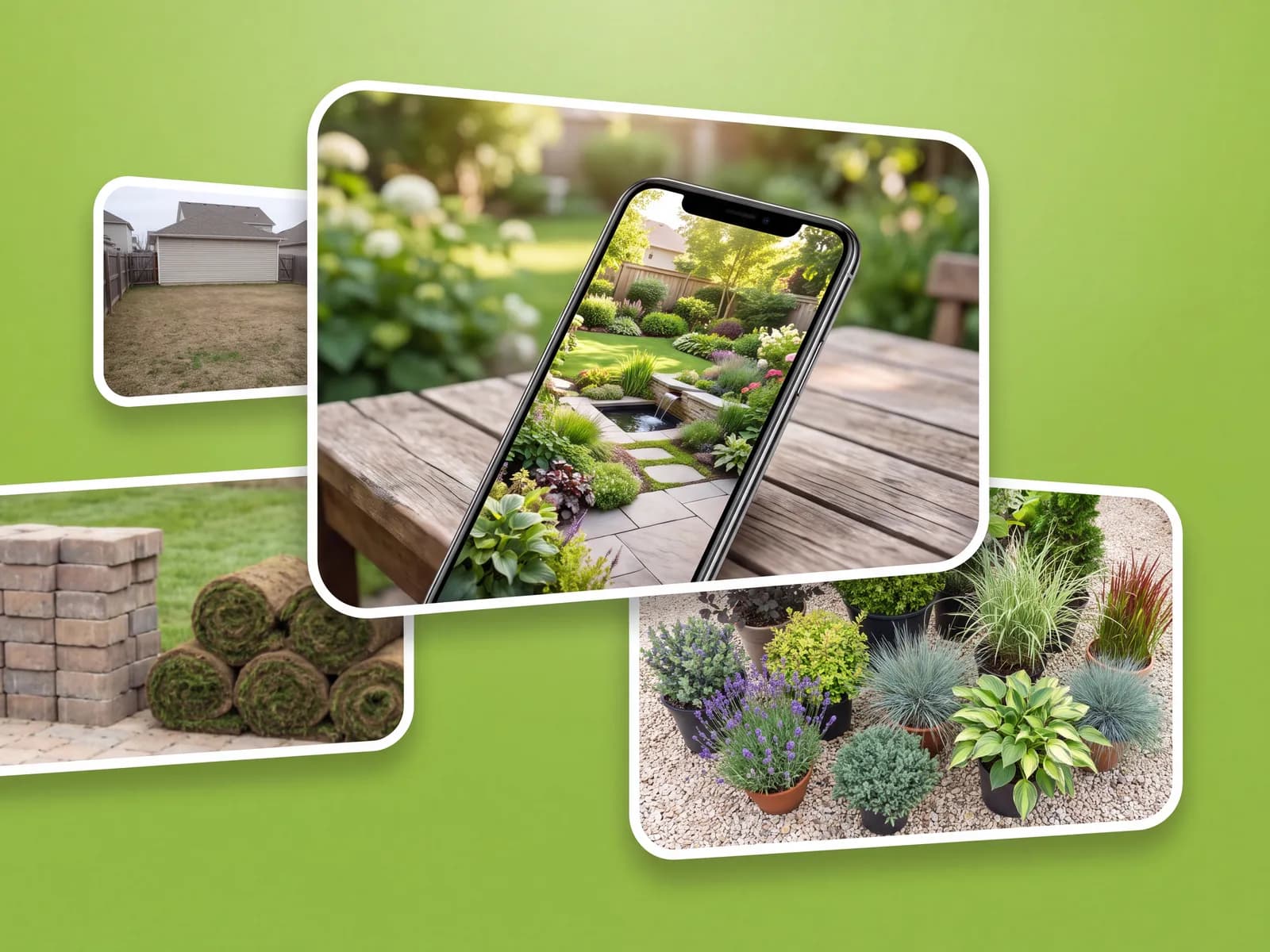 Planning a yard project on a phone, from bare lawn photo to plant and paver choices