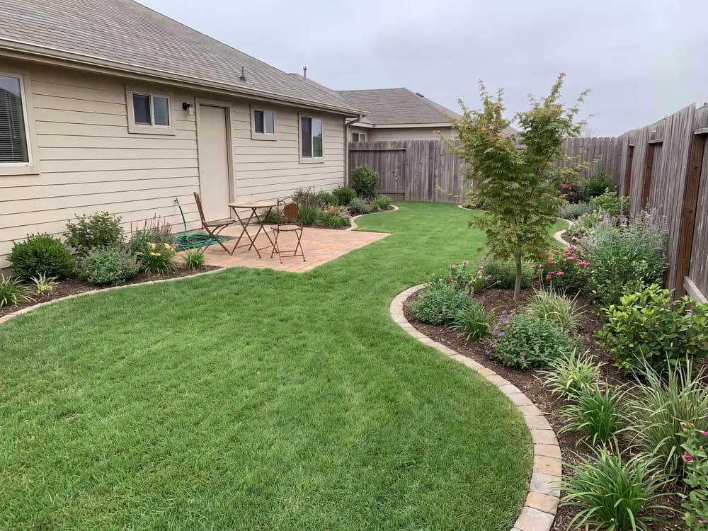 A backyard landscape design generated by OutdoorBrite from the owner's photo