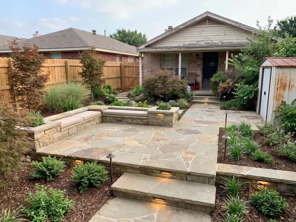 A backyard landscape design generated by OutdoorBrite from the owner's photo