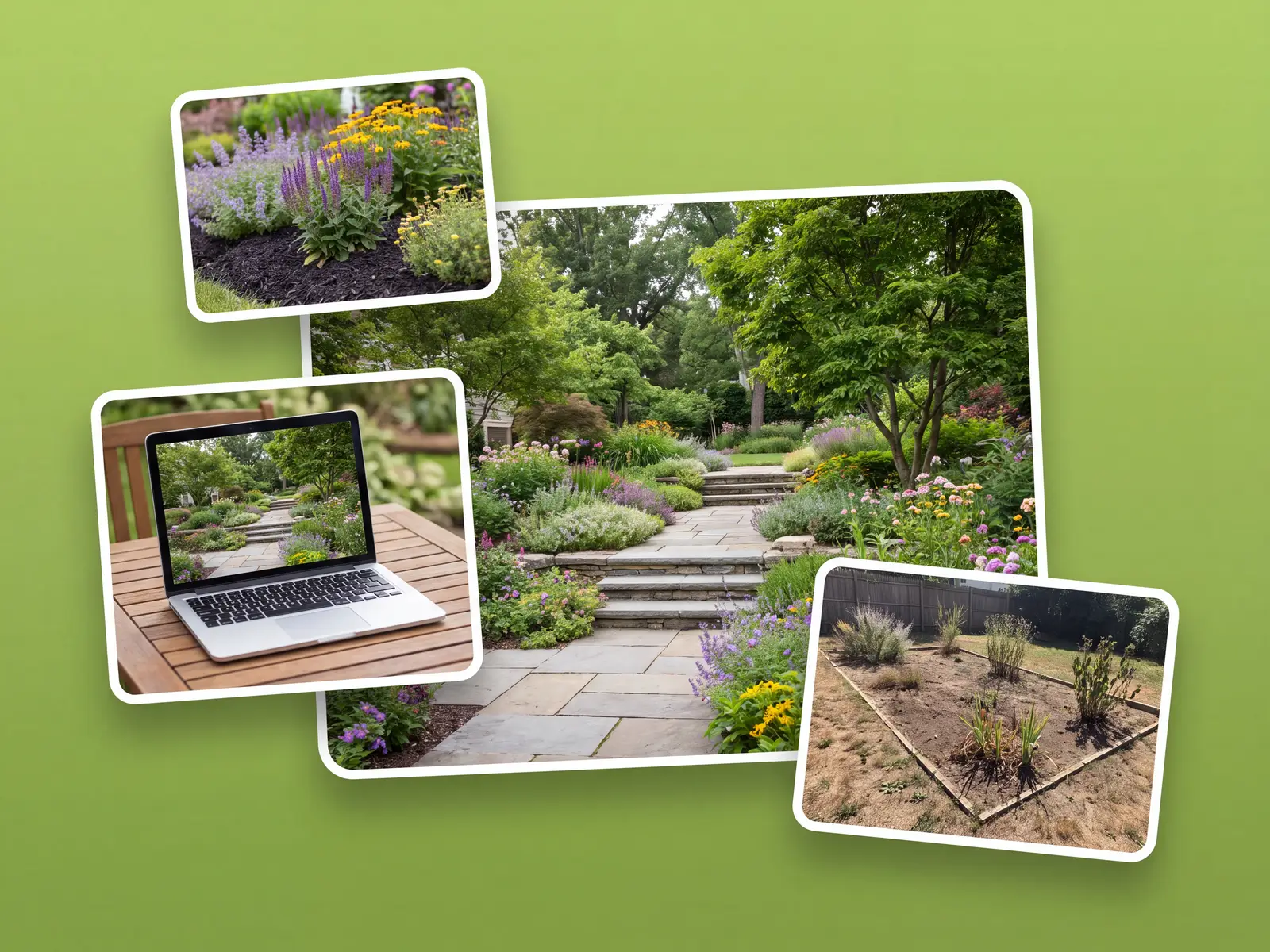 Garden photo redesigned into finished planting concepts in the browser