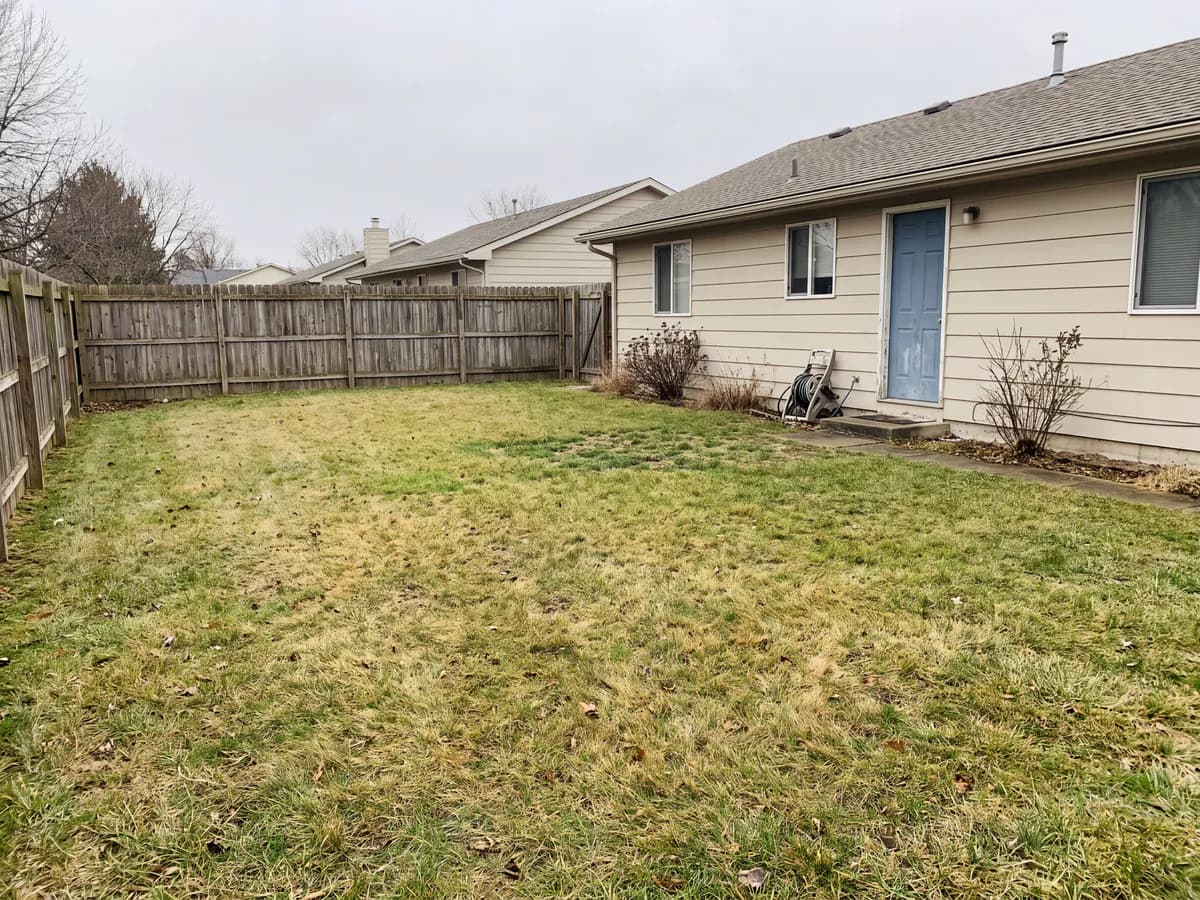 Landscape design software before and after: a plain yard photo turned into a finished landscape concept.