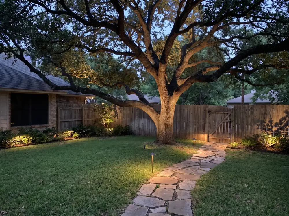 A backyard landscape design generated by OutdoorBrite from the owner's photo