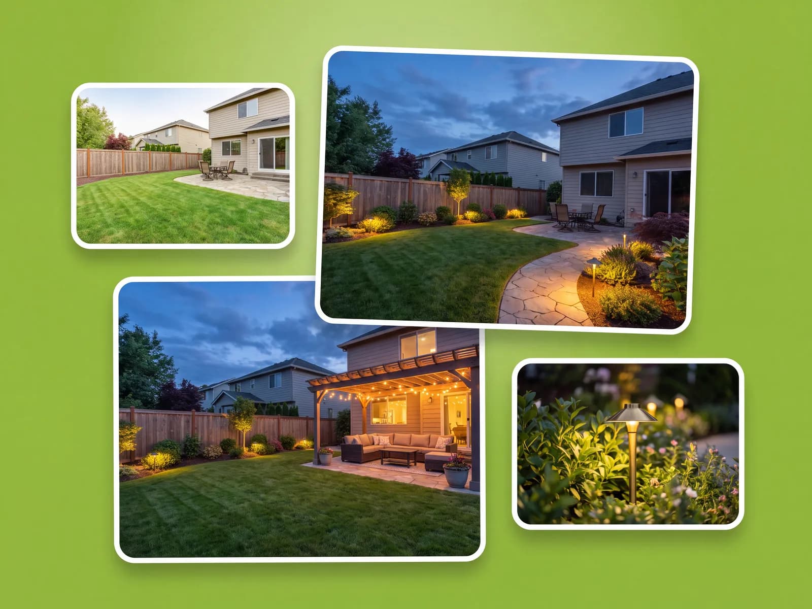 An online outdoor lighting design concept shown on a yard photo at dusk