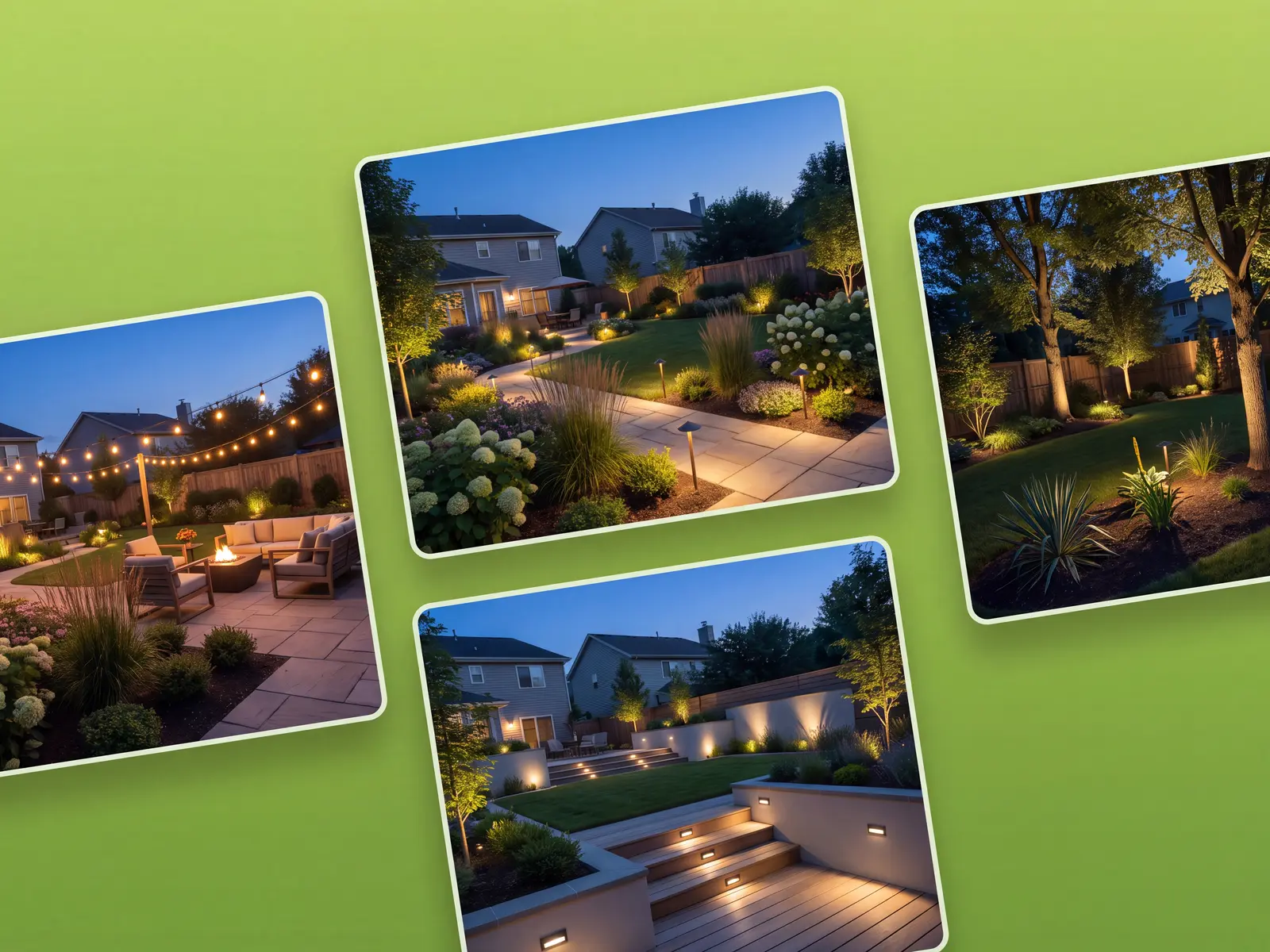 Evening yard concept with path lights, uplighting, and accents