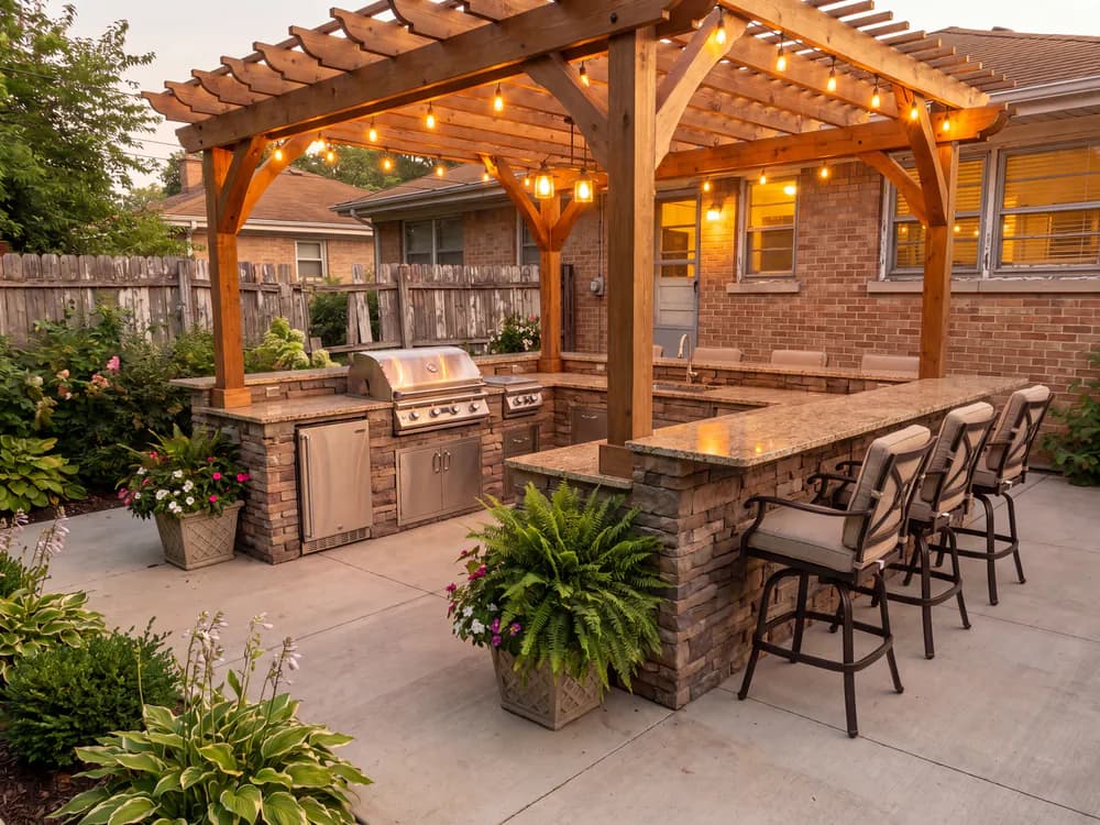 A backyard landscape design generated by OutdoorBrite from the owner's photo