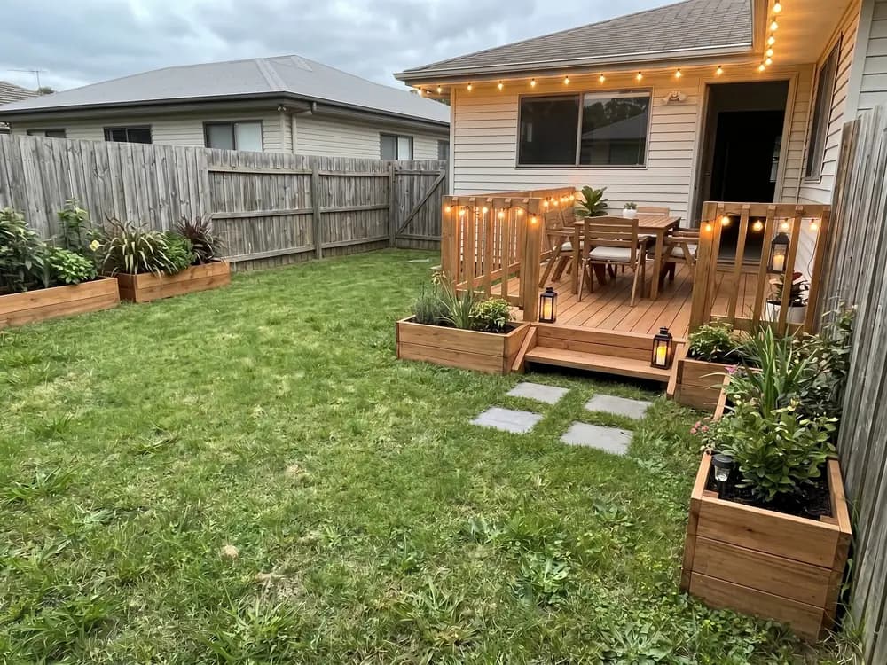 A backyard landscape design generated by OutdoorBrite from the owner's photo