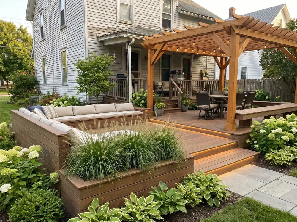 A backyard landscape design generated by OutdoorBrite from the owner's photo