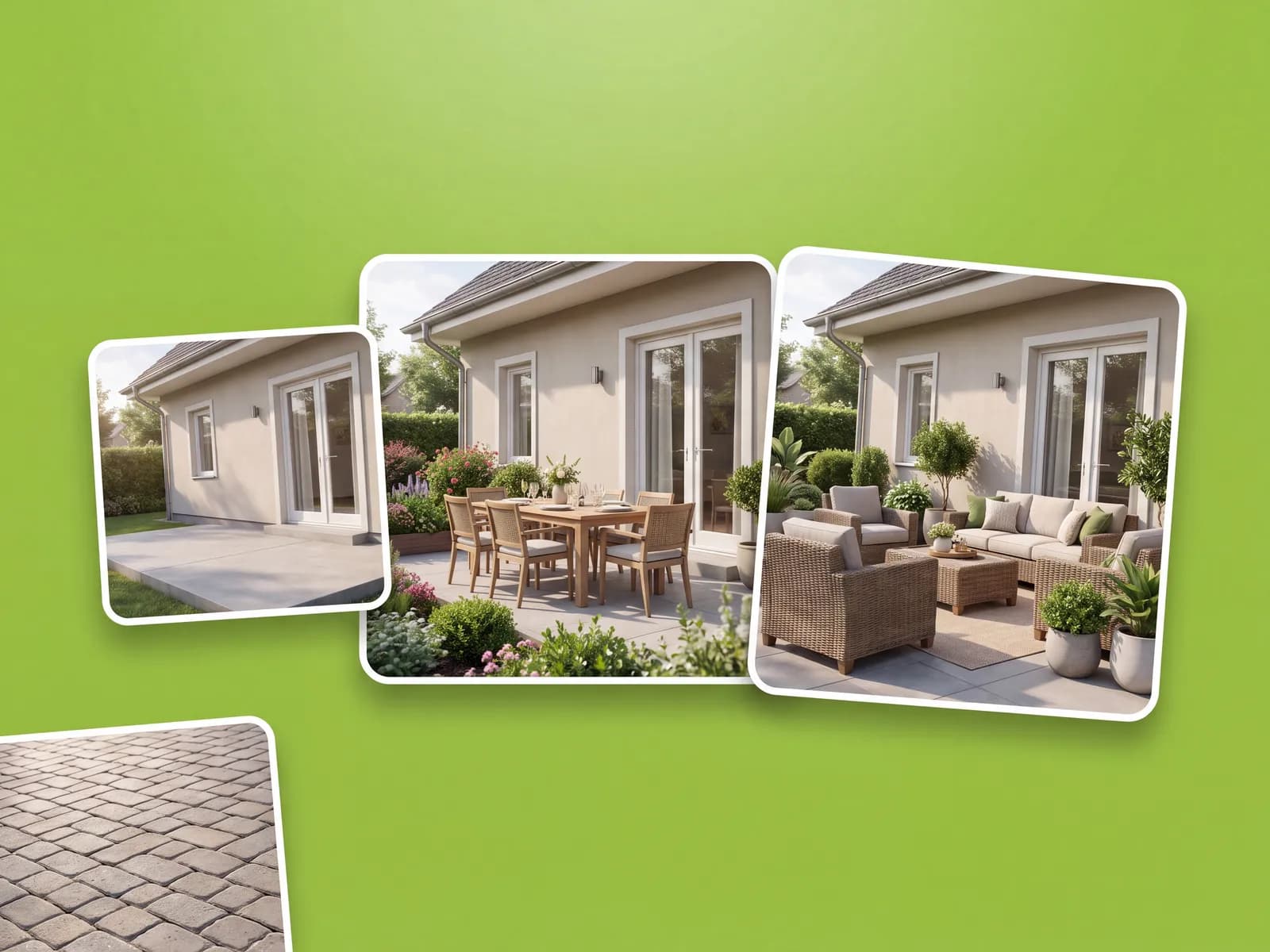 Two patio layout concepts compared side by side on the same patio photo