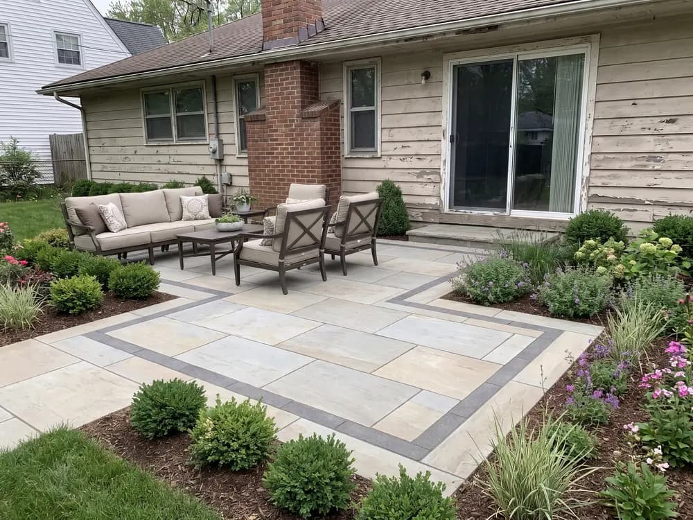 A backyard landscape design generated by OutdoorBrite from the owner's photo