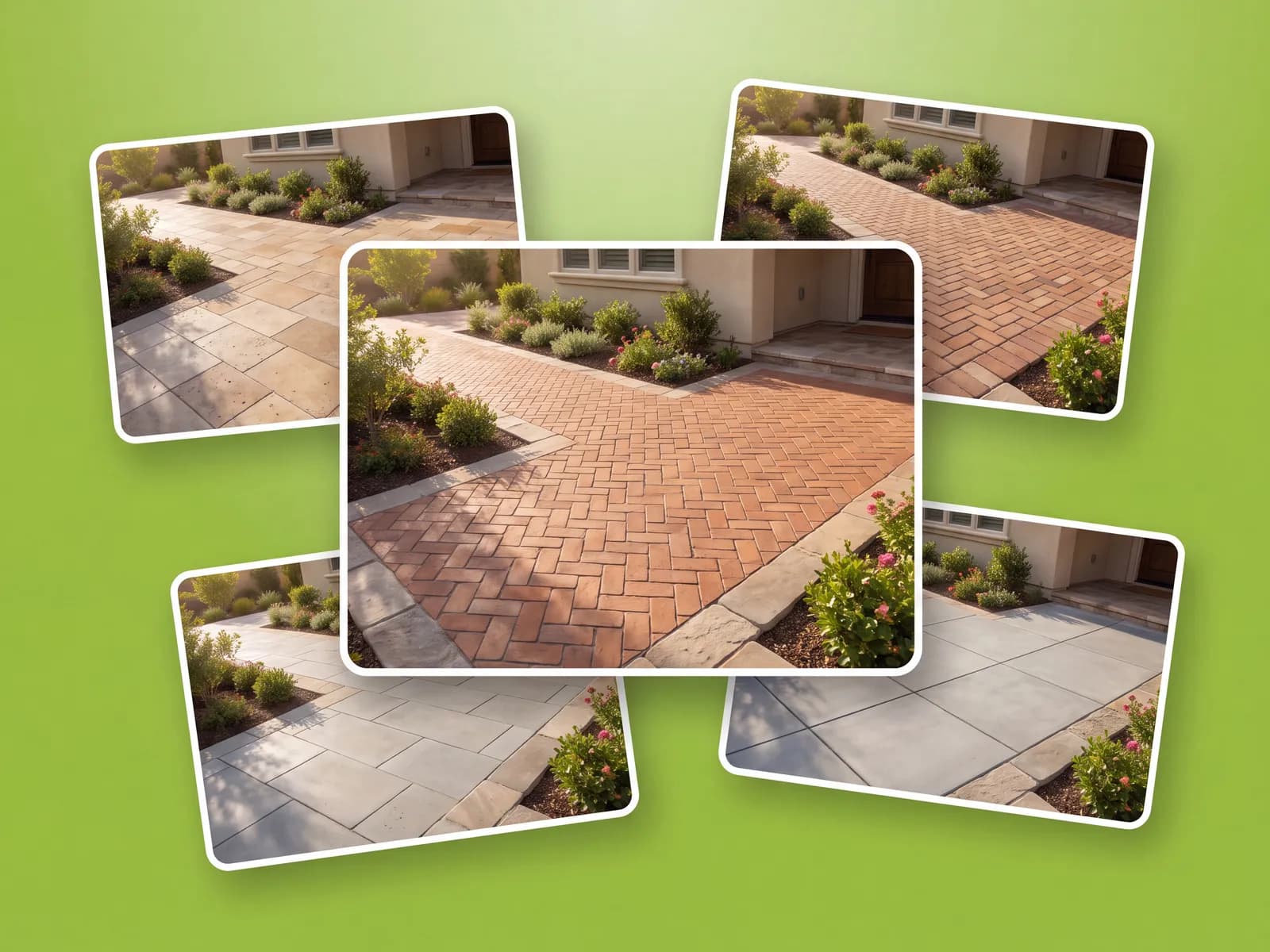 Different paver patterns rendered across the same patio photo