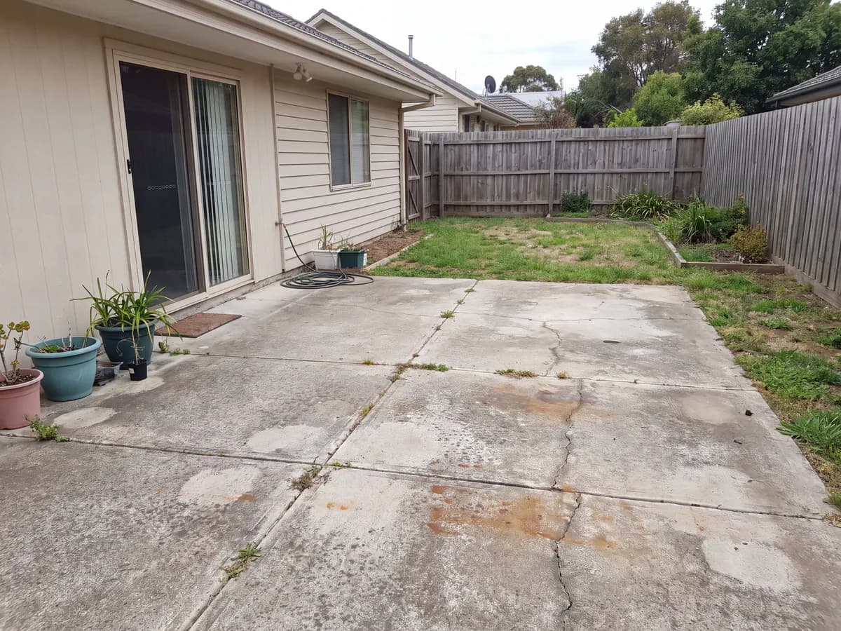 Paver design tool before and after: a plain concrete patio photo redesigned with new pavers.