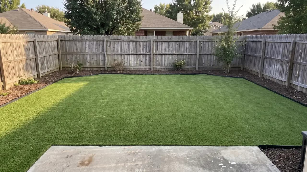 Backyard redesigned with a full artificial turf lawn, mulch borders and a wooden privacy fence