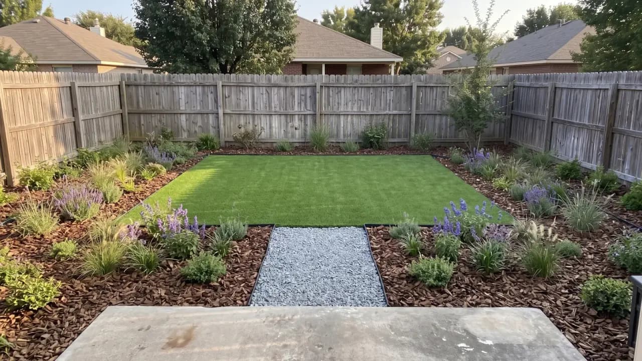 Backyard concept with a turf panel framed by planting beds and a gravel path