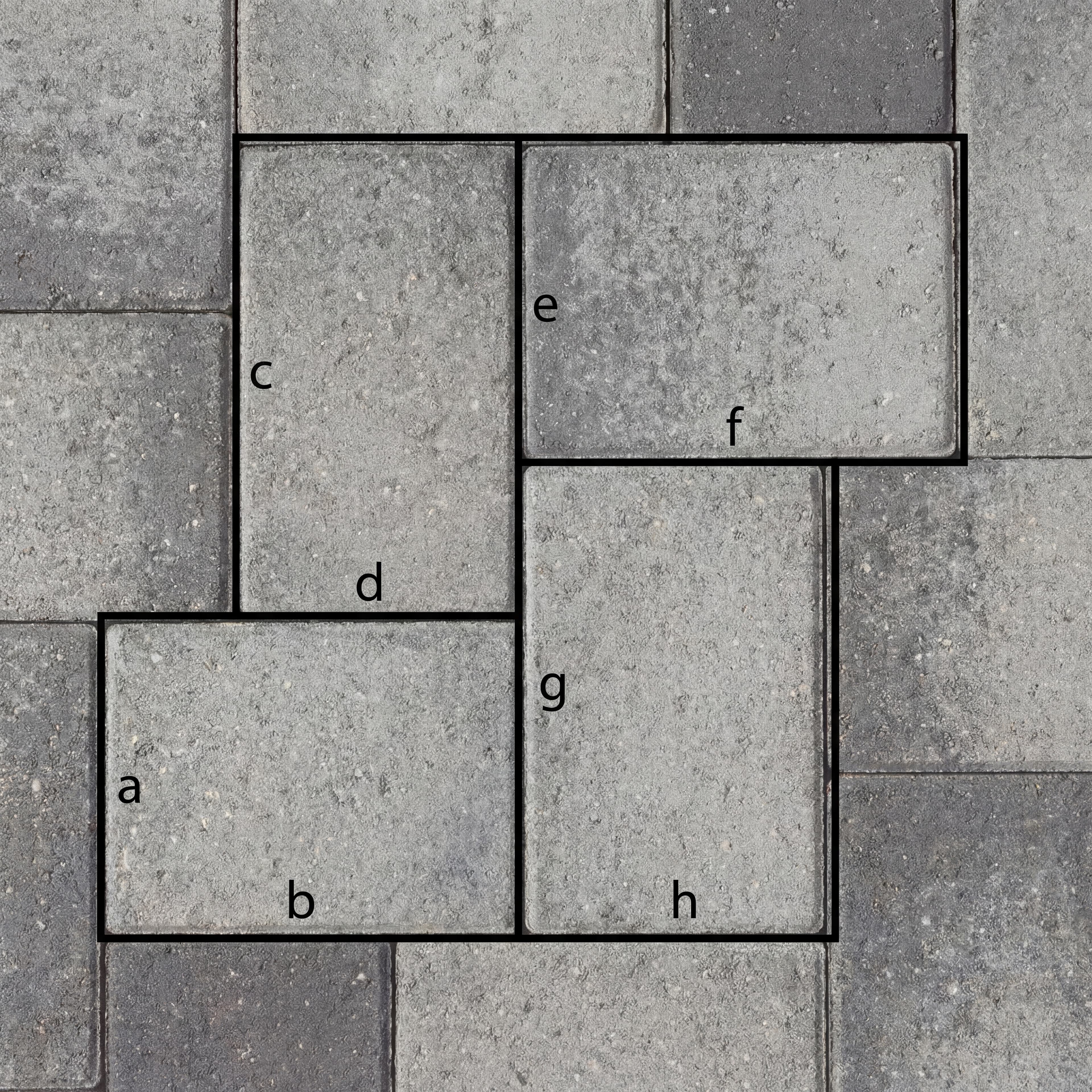 Paver pattern repeating unit diagram showing labeled brick dimensions for calculating pavers needed in complex layouts